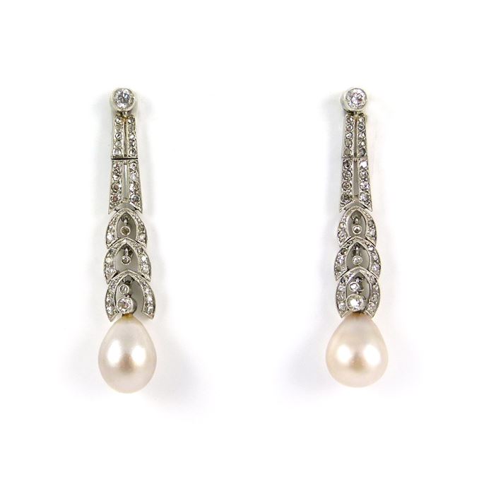 Pair of early 20th century drop pearl and diamond pendant earrings | MasterArt